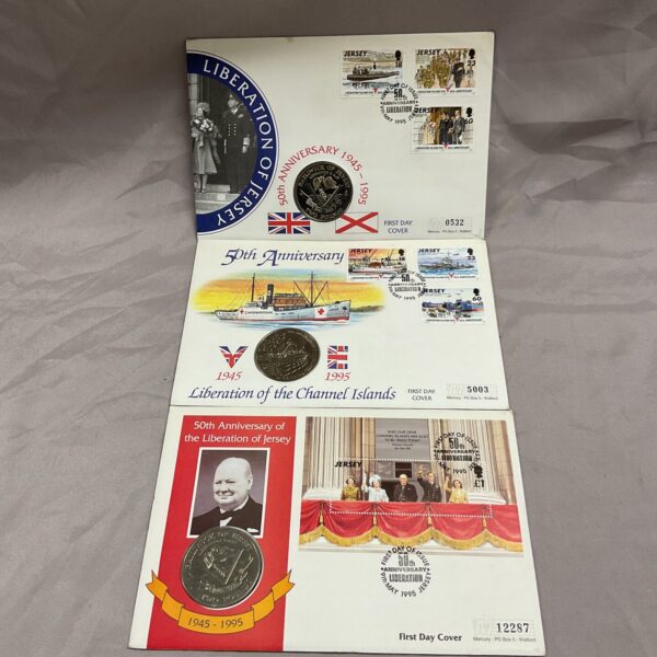 3 Liberation of channel islands commemoative coin 1st day covers