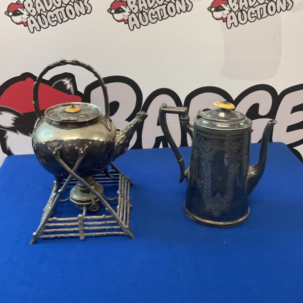 Antique Martin Hall silver plate spirit kettle and coffee pot set.