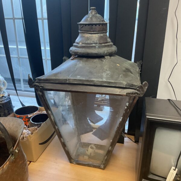 Large Victorian copper street lamp head with glass panels.