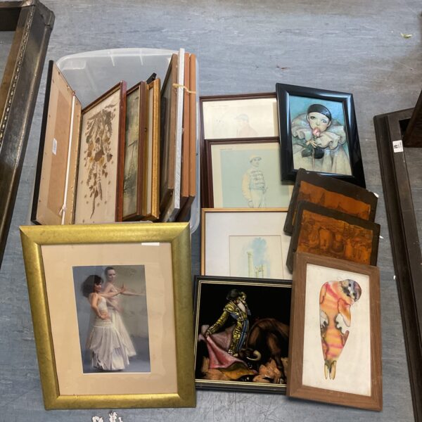Mixed lot of framed watercolour paintings and vintage prints.