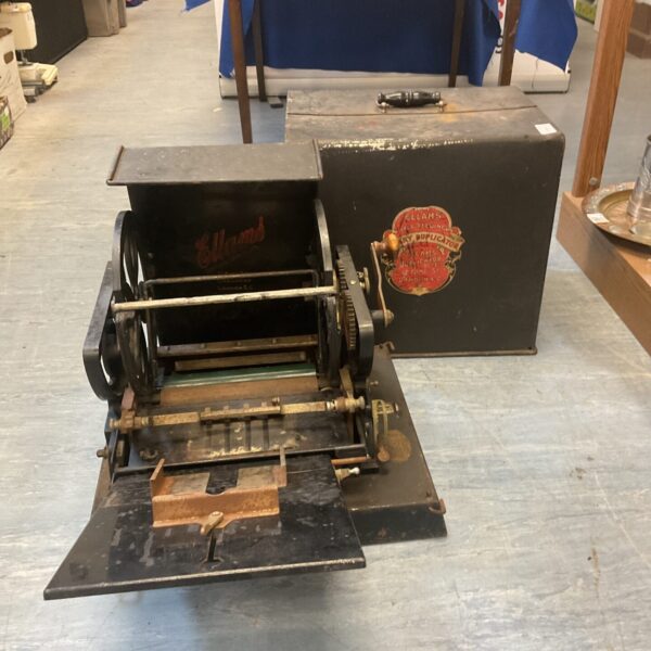 Vintage Ellams rotary duplicator printing machine, side view.