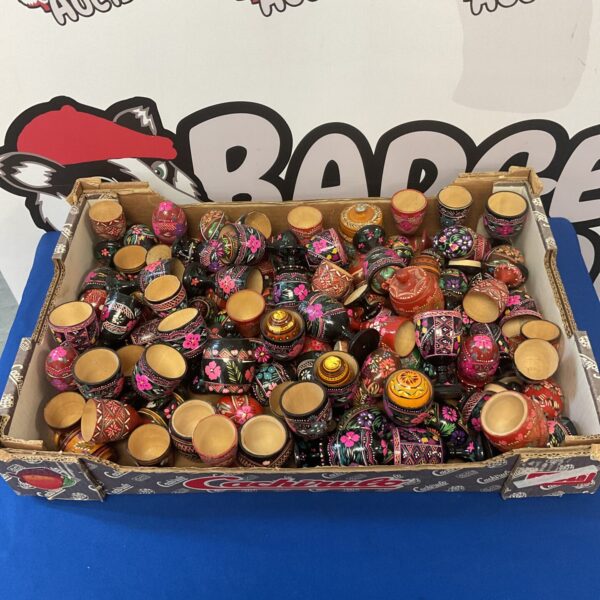 Large lot of colourful hand-painted wooden egg cups and pots.