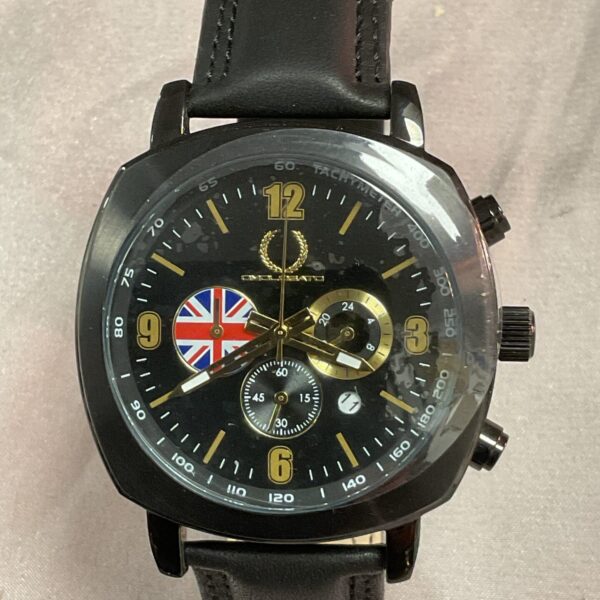 Black dial Omologato wristwatch with tachymeter scale.