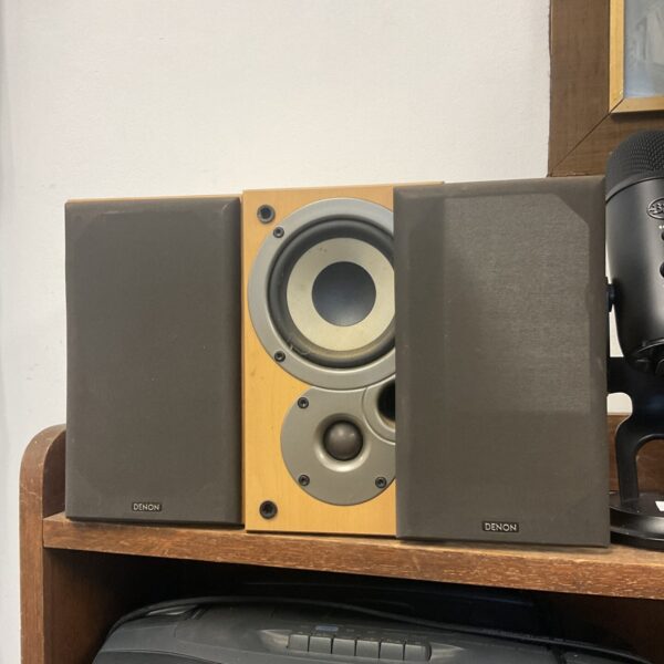 Pair of vintage Denon Mission SC-M50 bookshelf speakers in dark woodgrain.