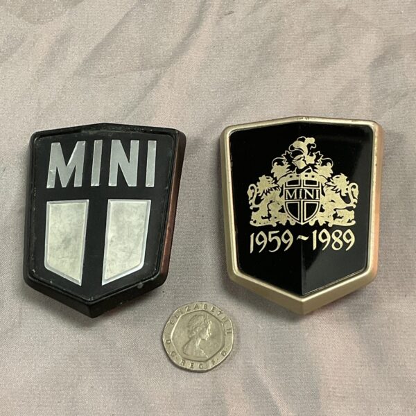 Classic Mini badge from 1959-1989, automotive collectible.