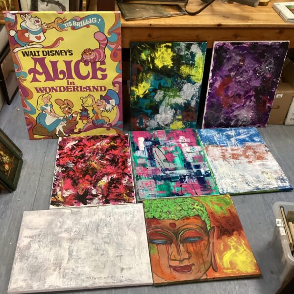 Colourful abstract art selection with Alice in Wonderland print.