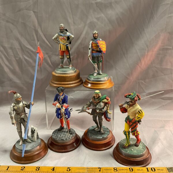 Handpainted pewter medieval knight and rifleman figures, collectible models.