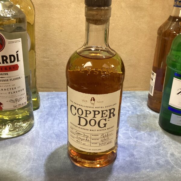 Bottle of Copper Dog Blended Malt Whisky, a Scottish spirit.
