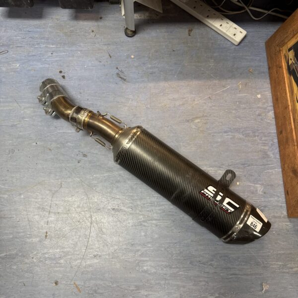 SC Project motorcycle exhaust silencer with carbon fibre sleeve.