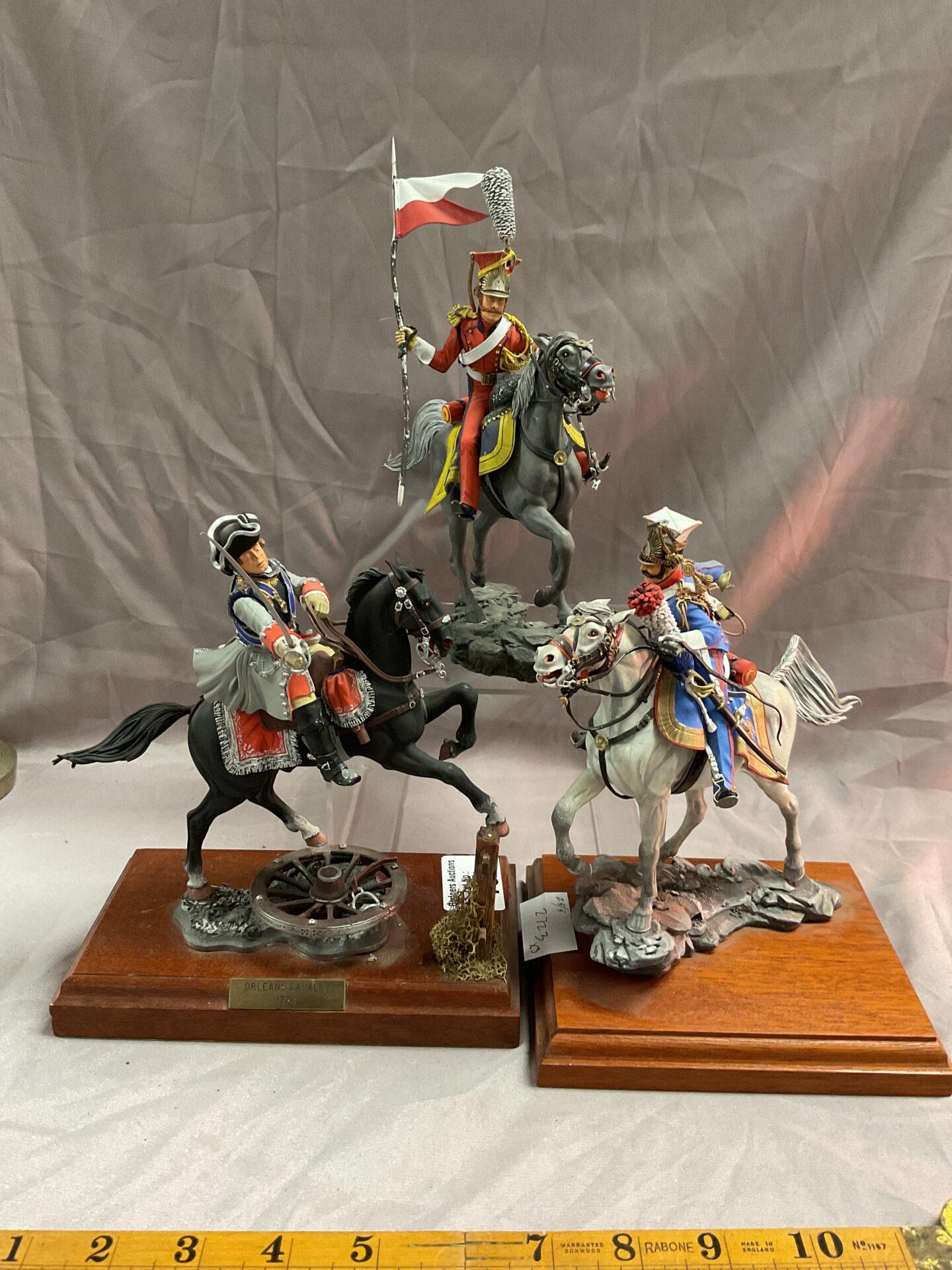762 three mounted napoleonic french pewter 5” soldiers inc trumpeter