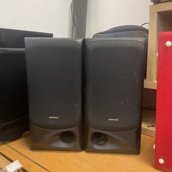 Pair of vintage Kenwood LS-A5 bookshelf speakers in woodgrain finish.