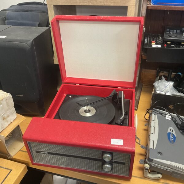 Red vintage Fidelity record player with BSR turntable.