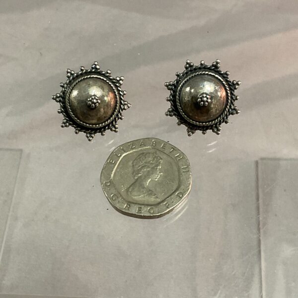 Close-up of delicate silver stud earrings, showcasing the quality silver.