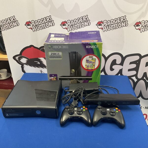 Microsoft Xbox 360 console with Kinect sensor and controllers.