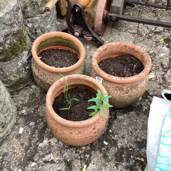 A lot of three weathered terracotta pots for garden plants.