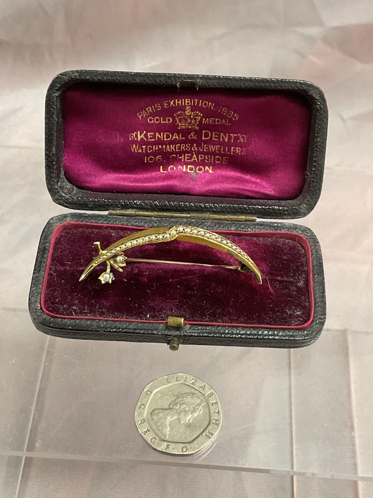 786 Gilt Seed Pearl Crescent Brooch