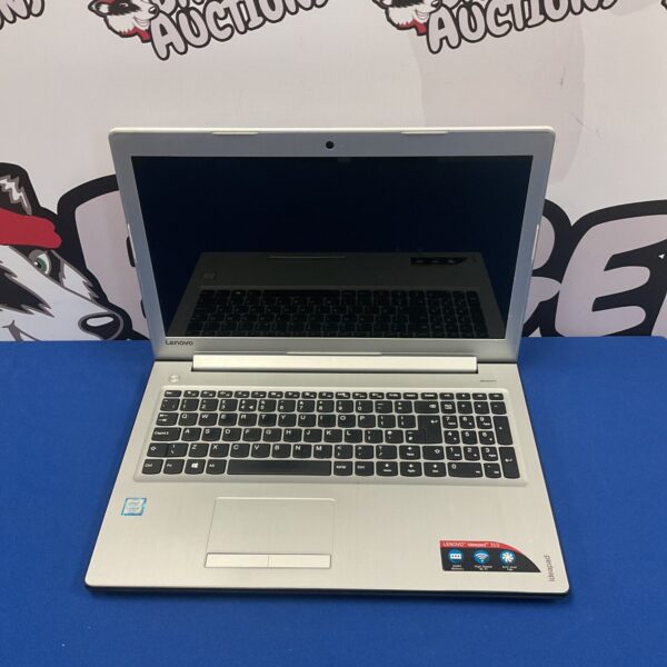 Silver Lenovo Ideapad 310 laptop, open, showing keyboard and screen.