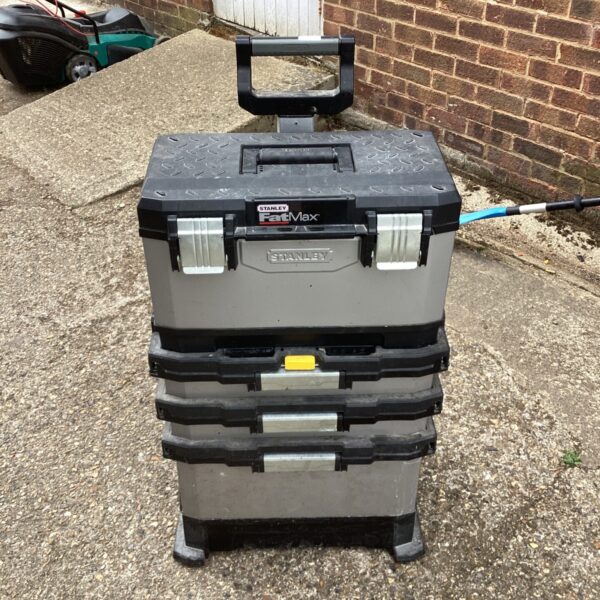 Large Stanley Fat Max wheeled toolbox for tool storage.