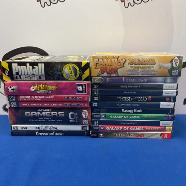 Sealed PC games collection featuring Sonic the Hedgehog and other retro titles.