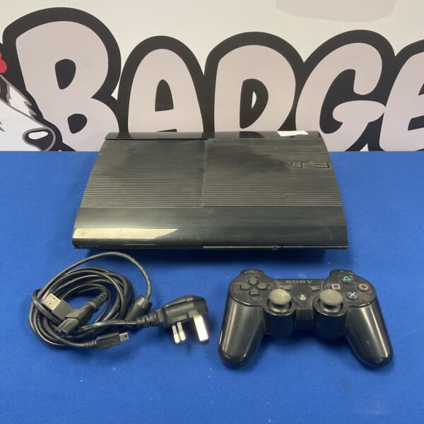 Sony PlayStation 3 Super Slim console with controller for retro gaming.