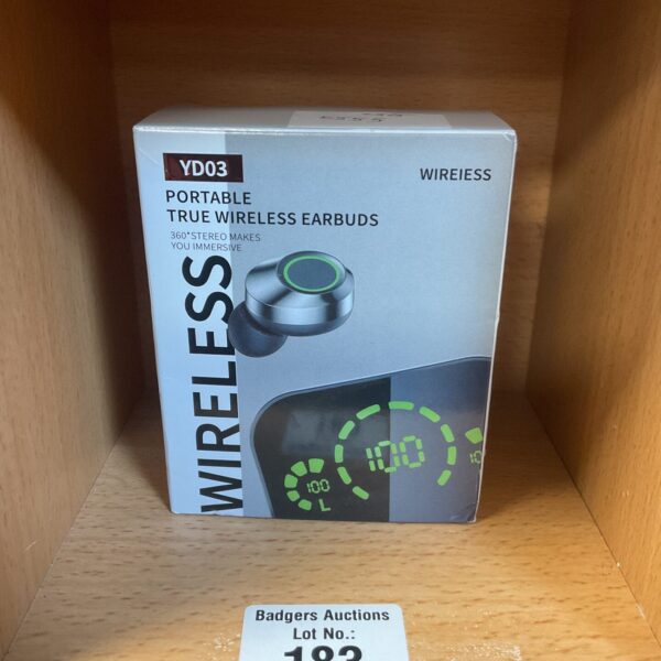 Close-up of Yd03 wireless earbuds in packaging.