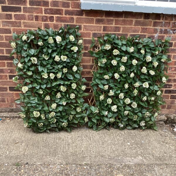Two rose bin screening panels against a brick wall.