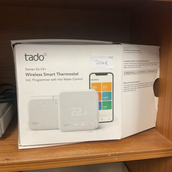 Tado V3+ smart thermostat showing the display and controls.