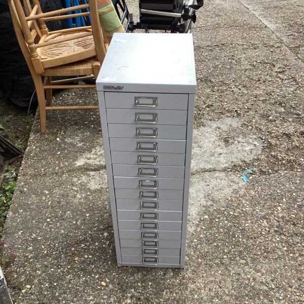 Front view of a used Bisley engineering cabinet with multiple drawers.