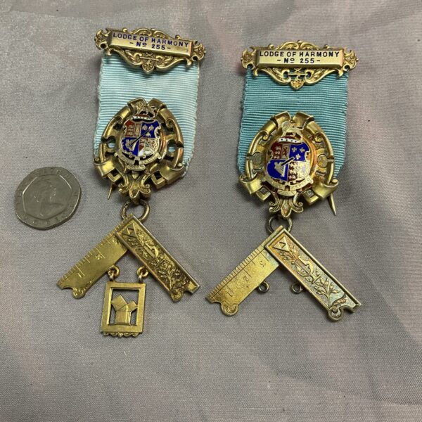 Two silver gilt Masonic Past Masters jewels from Lodge of Harmony, dated 1959 and 1968.