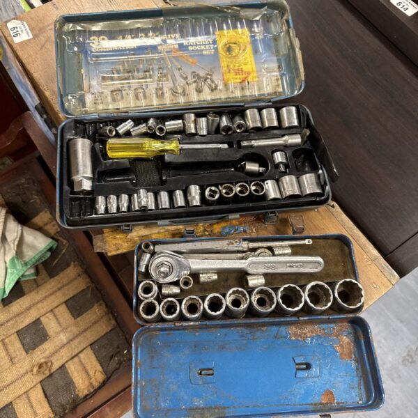 Vintage Testrite socket set in metal case, classic mechanic's tools.