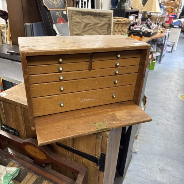 Vintage wooden engineer's toolbox with felt lined drawers.