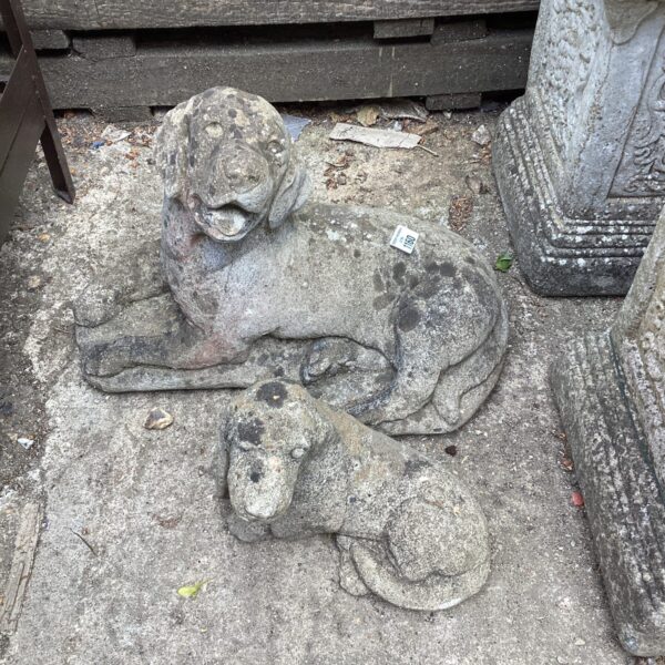 Weathered stone garden dogs, a charming pair of ornaments.