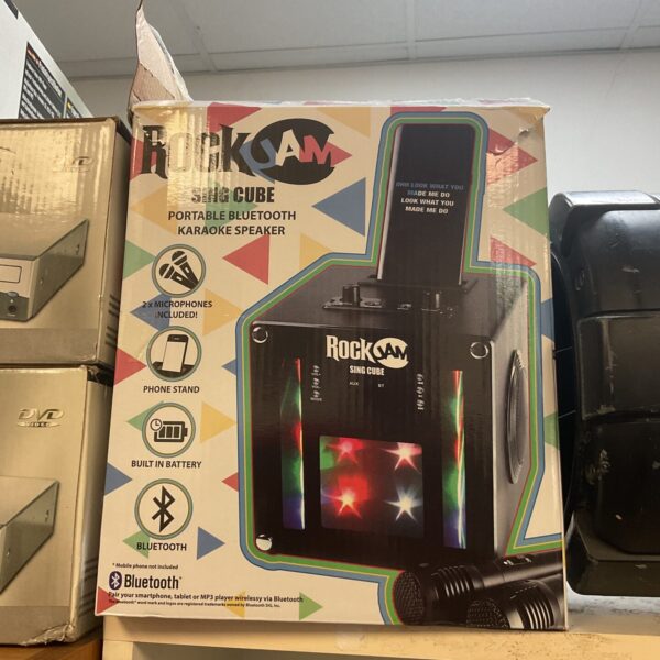 Rock Jam Sing Cube portable Bluetooth karaoke speaker with microphone.