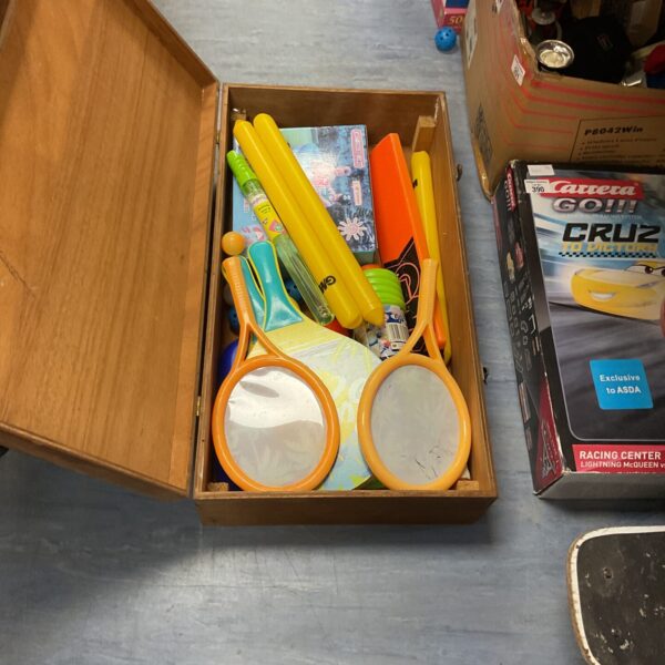 Vintage childrens outdoor games lot in wooden case.