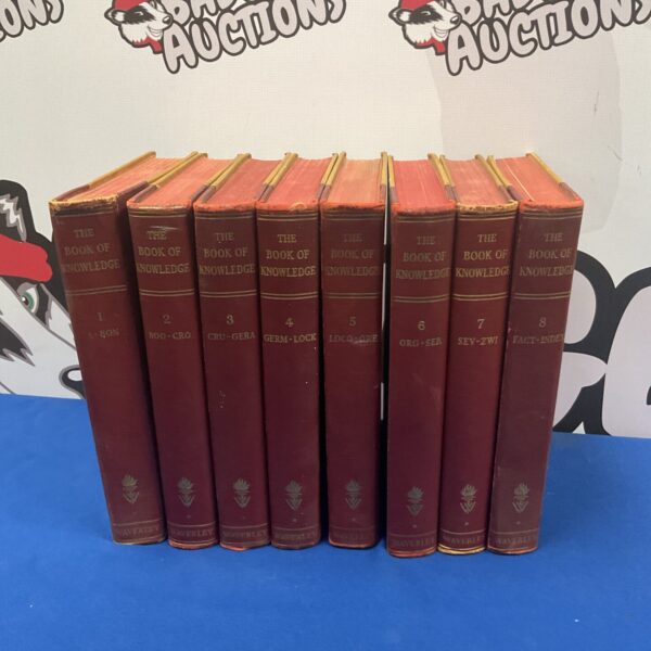 Vintage set of eight Waveley Books of Knowledge in leather bindings.