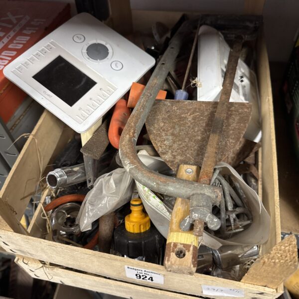 Assorted tools and hardware in a shed clearance lot.