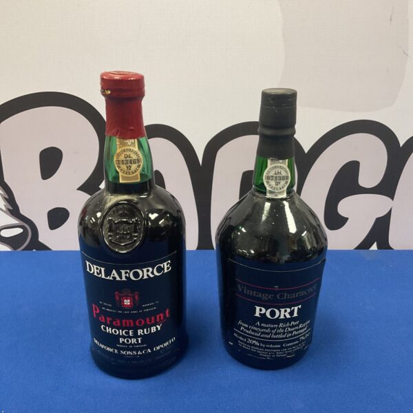 Sealed bottles of Delaforce Ruby and Vintage Port wine.
