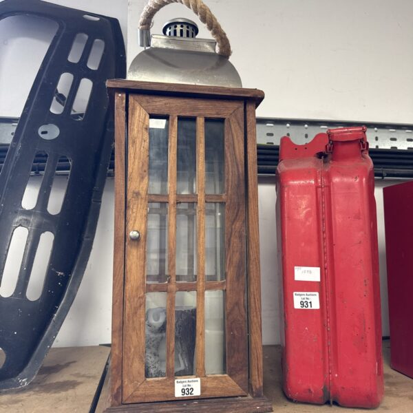 Vintage wooden candle lantern with electric faux candles for home decor.