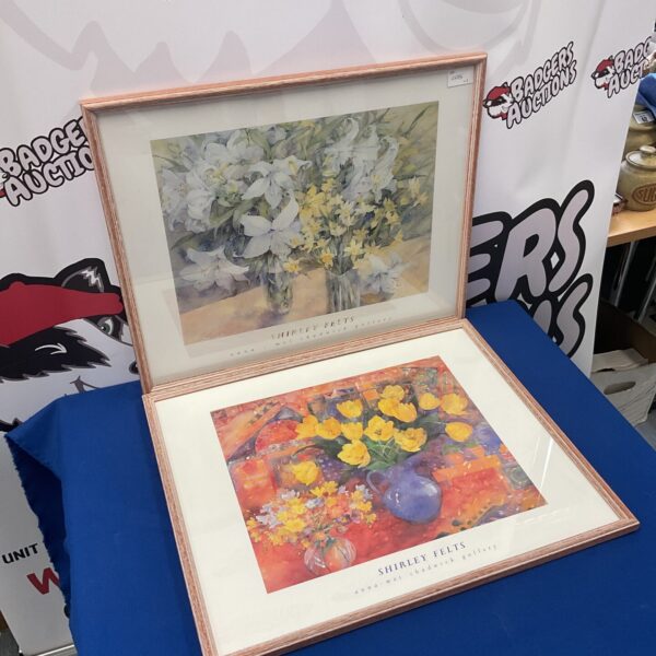 Pair of framed Shirley Felts floral still life gallery prints.