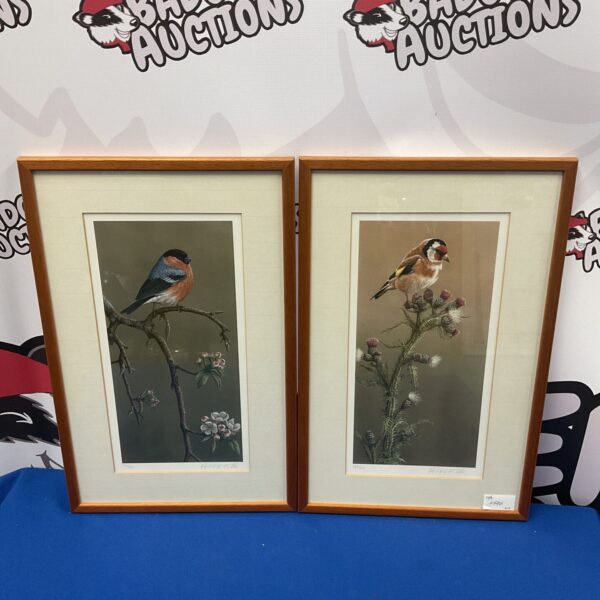 Signed Robert E Fuller print of a vibrant finch in natural habitat.