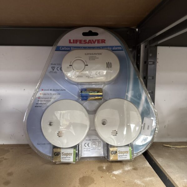 Lifesaver carbon monoxide and smoke alarm set in packaging.