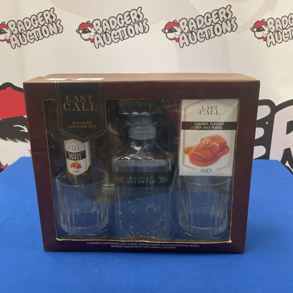 Vintage 'Last Call' whiskey decanter set with glasses.