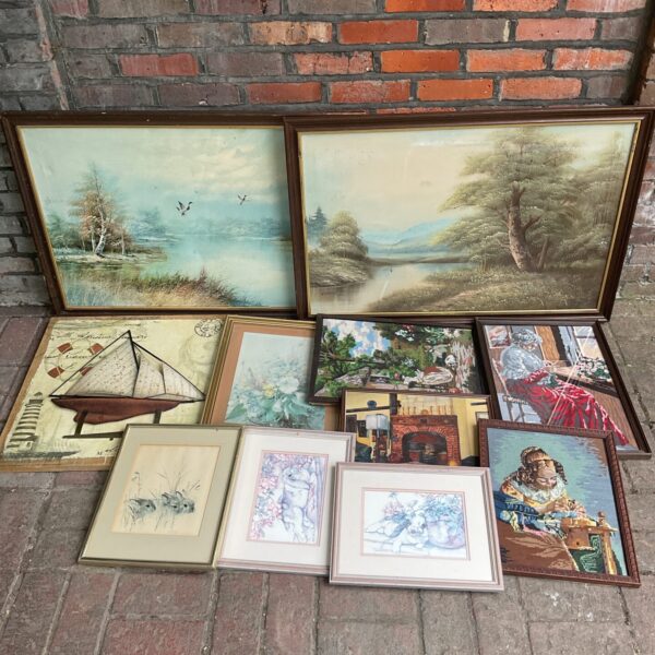 Framed art lot featuring oil paintings, prints and embroidery.