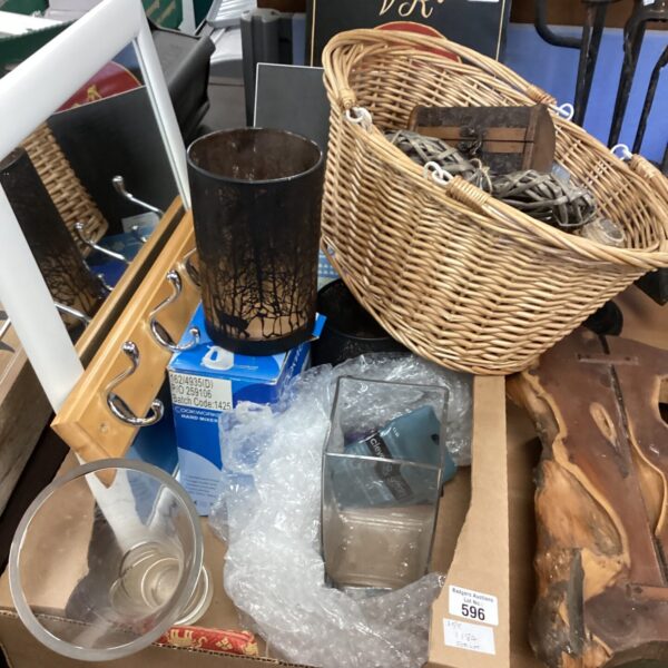 Mixed lot of household items including a wicker basket and glassware.