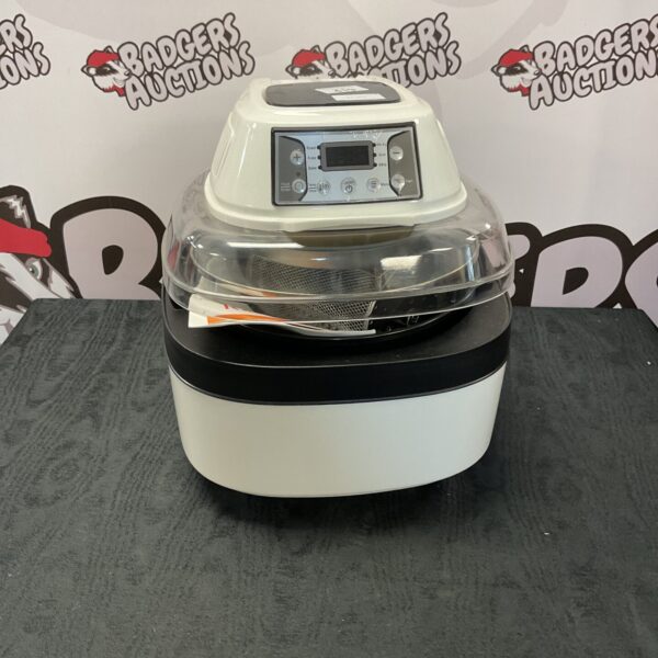 Front view of a silver rotisserie air cooker.