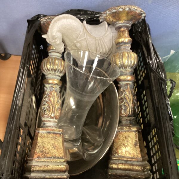 Detailed resin horse ornament with candle sticks in a mixed lot.