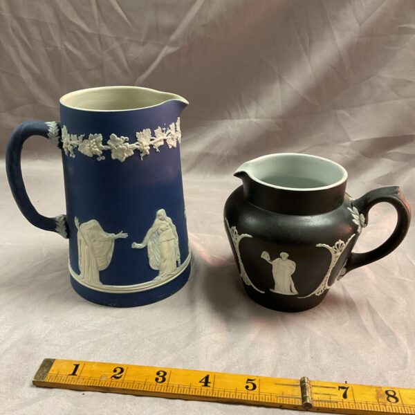 Antique blue jasperware jug with neoclassical relief detailing.