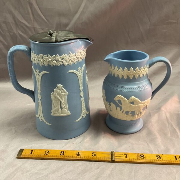 Vintage blue Dudson Jasperware jug with pewter lid.