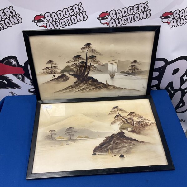 Pair of vintage Chinese coastal scene paintings with habitat.