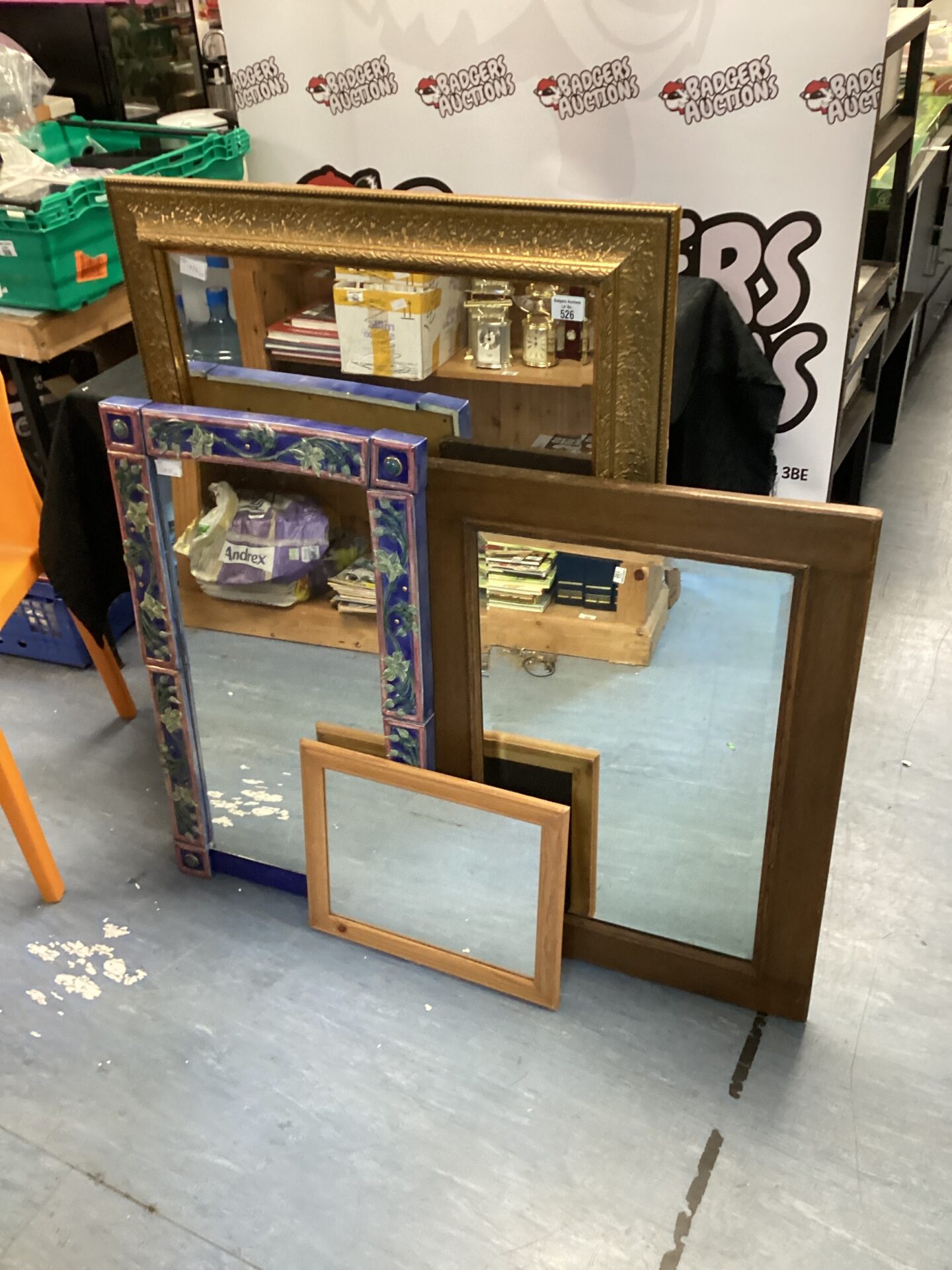 526 Four framed mirrors inc large gilt framed mirror & floral pattern decorative mirror